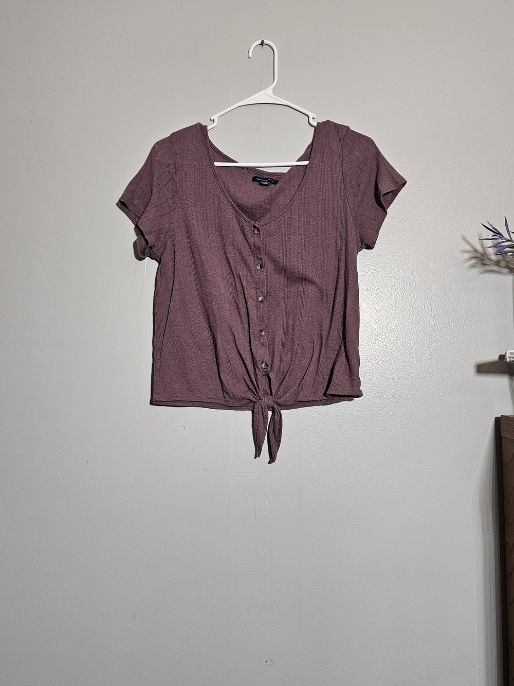 American Eagle Outfitters Short-Sleeve Button Tie-Front Top - Mauve Plum